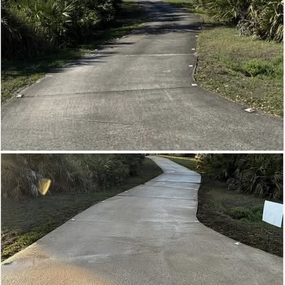 Concrete pathway before and after pressure washing in Volusia County