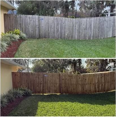 Wood fence before and after cleaning in Volusia County