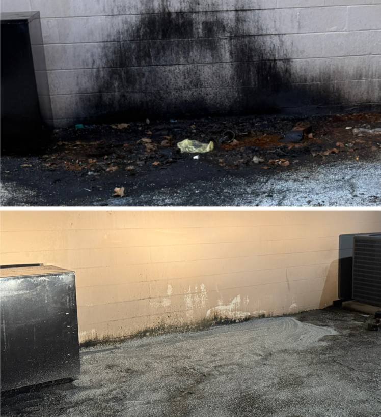 Commercial dumpster wall before and after degreasing